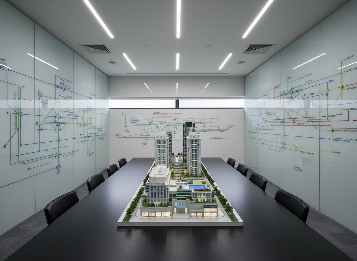 A meticulously organized project war room with a long matte-black central table supporting a large architectural model of a high-end mixed-use development, combining luxury retail, hospitality, and residential towers. Surrounding walls are covered with glass boards displaying abstract, text-free planning diagrams and colored lines representing project phases. Discreet recessed ceiling lights cast even, cool-toned illumination, while a narrow window lets in diffused overcast daylight, adding depth and gentle reflections. The mood is analytical and strategic, conveying high-level project management. Captured from a slightly elevated angle with a wide lens, the photographic composition emphasizes clarity, precision, and modern sophistication, with sharp focus and a clean, contemporary aesthetic.