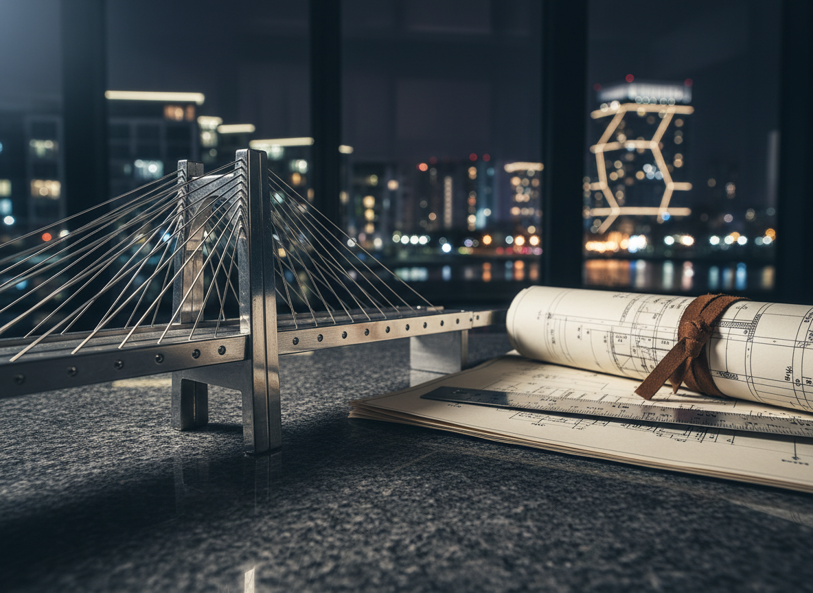 A close-up, cinematic view of a polished stainless-steel engineering model bridge section placed on a smooth, dark stone surface, beside rolled technical blueprints secured with a leather band and a brushed metal scale ruler. In the softly blurred background, hints of a luxury waterfront development and illuminated hospitality tower facades are visible through a large window. Cool, directional studio lighting from the side creates dramatic highlights along the metal edges and fine shadows in engraved details. The atmosphere feels precise, confident, and expert. Shot with a shallow depth of field at a low angle, the photographic realism emphasizes material textures, suggesting rigorous engineering consultancy and high-end infrastructure planning.