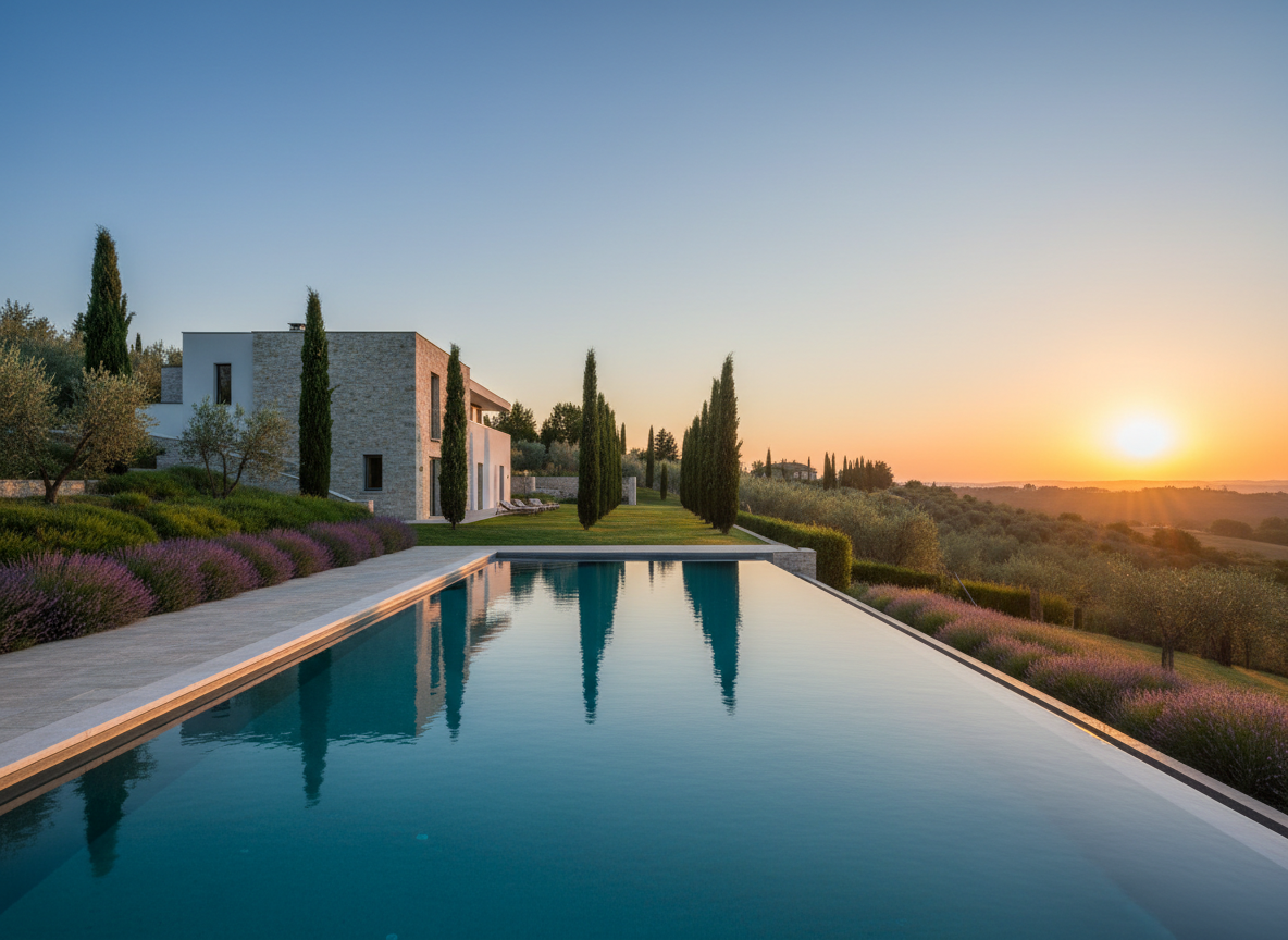 Luxury Italian villa exterior with infinity pool on a Tuscan hillside