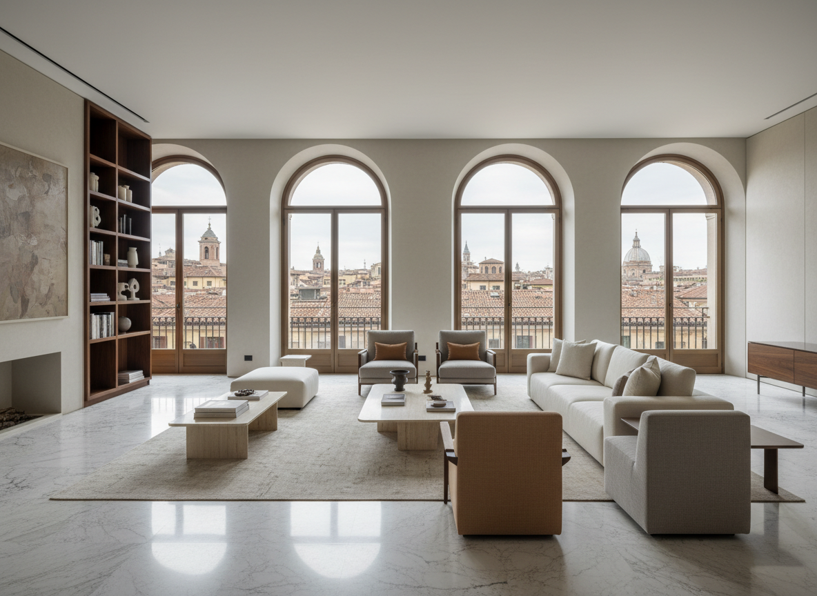Luxury Italian apartment interior with marble floors in a historic Milan palazzo