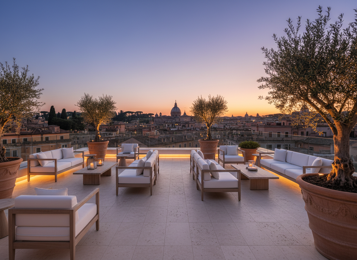 Luxury Italian penthouse rooftop terrace with panoramic view of Rome at dusk